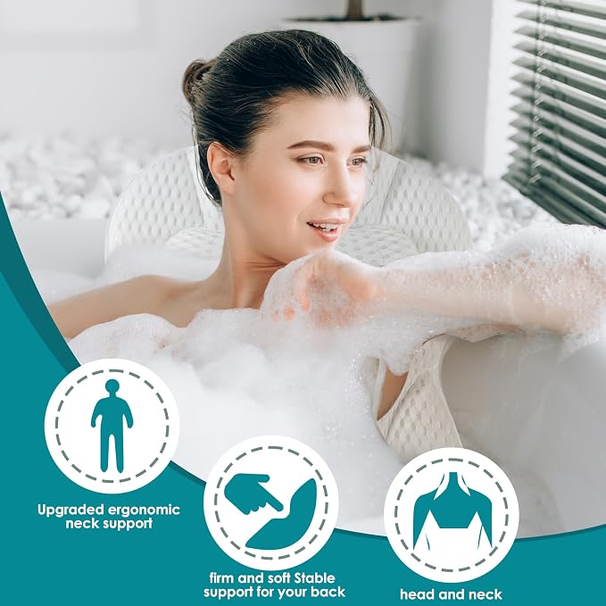 Bath Pillows for Tub,Luxury Bath Pillow for Neck and Back Support-with Comfortable Breathable Cotton 6 Non-Slip Suction (Extra Thick Style)