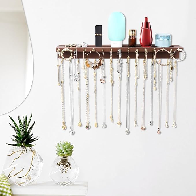 YYILIS Necklace Holder, Upgraded Extra Large Wall Necklace Organizer with 30 Hooks Wall Mounted Necklace Hanger with Jewelry Tray/Cosmetics Shelf Rustic Pine Wood Holder (Walnut)