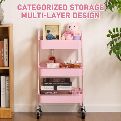 AGTEK 3-Tier Rolling Carts with Wheels, Rolling Utility Cart with Iron Frame for Kitchen, Plastic Shelves, Living Room, Office, Pink