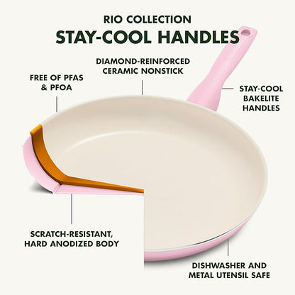 GreenPan Rio Healthy Ceramic Nonstick 8" Frying Pan Skillet and Silicone Spatula Set, Soft Grip Handle, Breaktfast Meal Set, PFAS-Free, Dishwasher Safe, Oven Safe, Pink