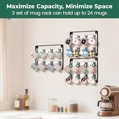 EsLuker.ly Mug Holder Hanger Rack Wall Mounted Wooden 3 Pack Coffee Cup Storage Organizer Display Shelf with 24 Movable Plastic Hooks, Ideal for Mug Collectors, White-Black