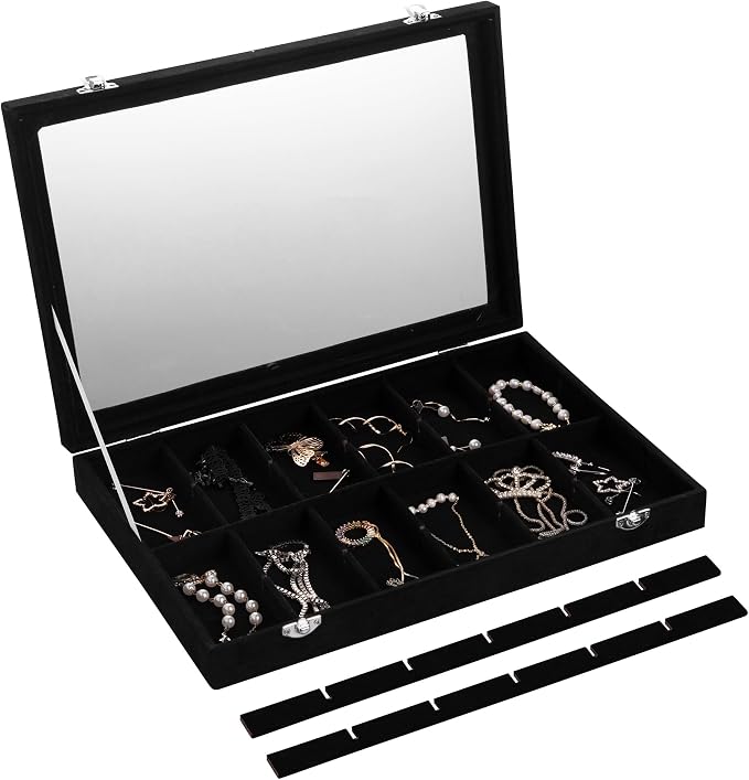 Frebeauty Velvet Jewelry Tray,24 Grid Jewelry Organizer with Clear Lid,Earring Holder Organizer with Clasp,Drawer Insert Rings Pendants Brooches,13.8 x 9.5 x 2 Inches,Gift for Women Girls(Black)