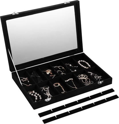 Frebeauty Velvet Jewelry Tray,24 Grid Jewelry Organizer with Clear Lid,Earring Holder Organizer with Clasp,Drawer Insert Rings Pendants Brooches,13.8 x 9.5 x 2 Inches,Gift for Women Girls(Black)