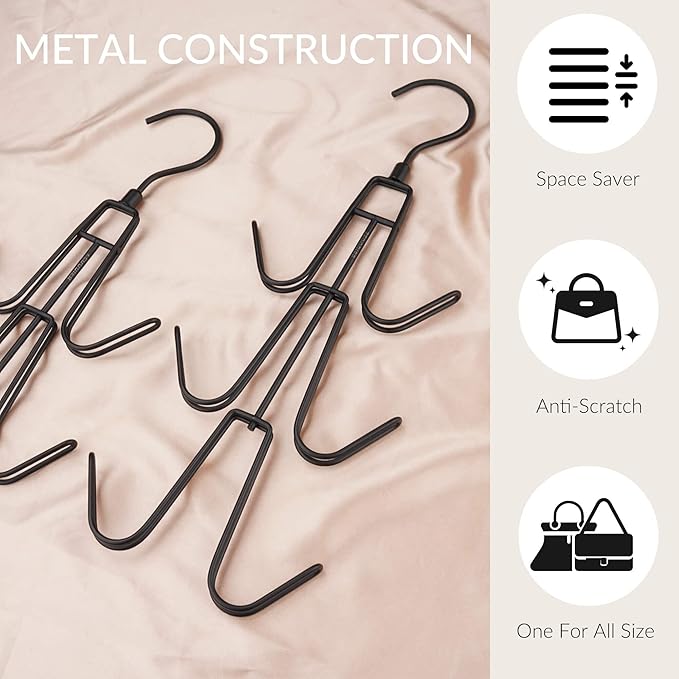 ZEDODIER Purse Hanger Organizer for Closet, Hanging Bag Holder, Keeping Purses Visible and in Good Condition, Metal Handbag Storage Hook Backpack Rack Space Saving Hanger, Black
