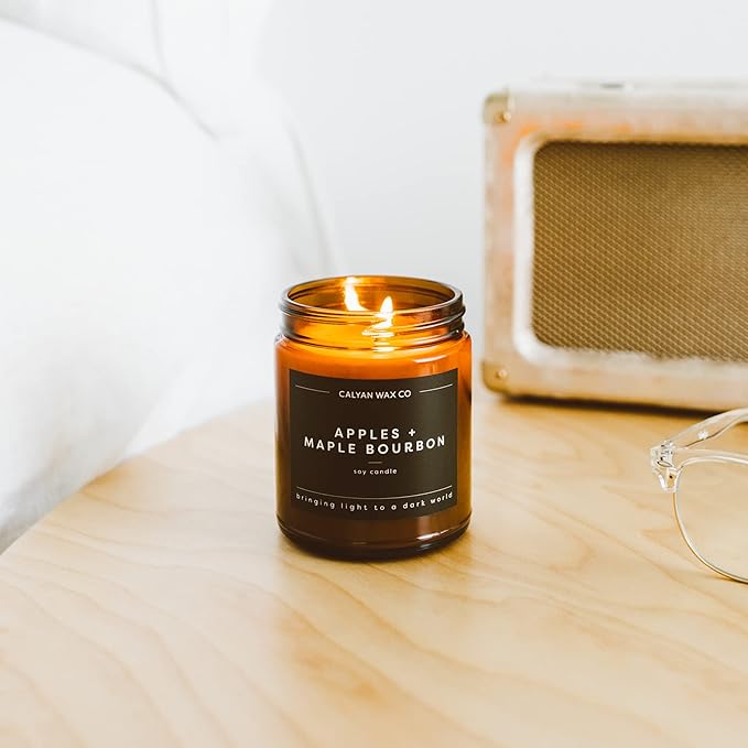 Calyan Wax Co. Apples & Maple Bourbon Scented Candle - 57 Hour Burn - Luxury Non Toxic Soy Wax Candles - Long Lasting Amber Glass Jar Candle for Home - 7.2oz