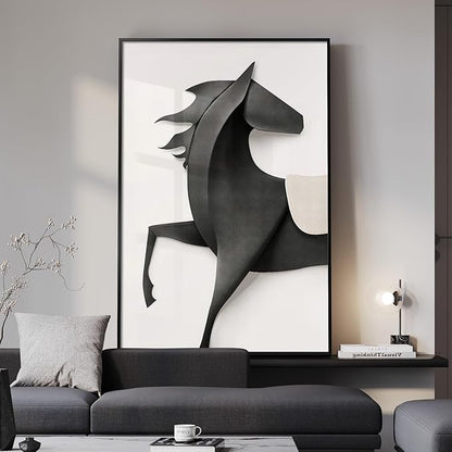 Framed Modern Black and White Horse Wall Art, Contemporary Animal Prints Paintings Artwork for Walls, Minimalist Elegant Horse Pictures for Living Room Dining Bedroom Home Office Wall Decor 24x36 In