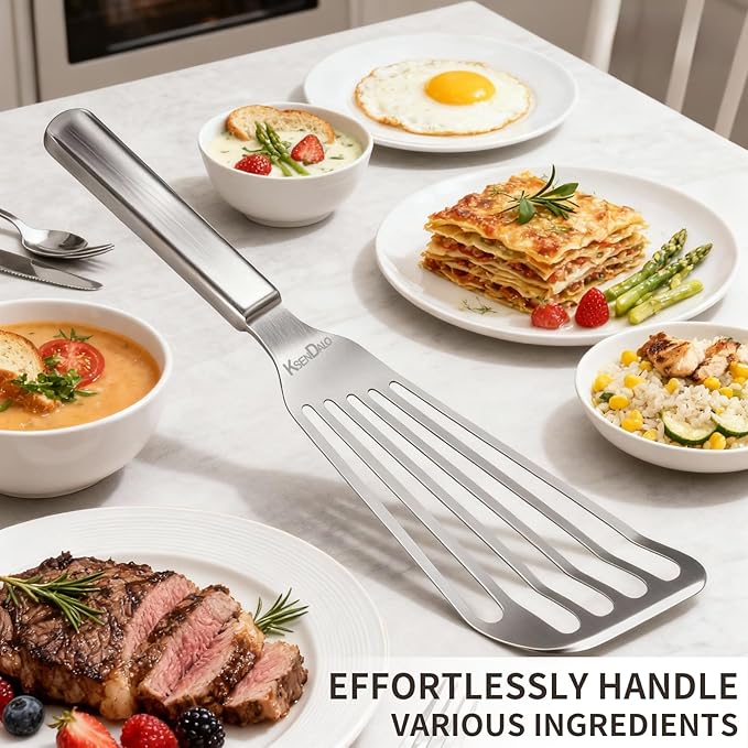 KSENDALO Flexible Fish Spatula Stainless Steel, One-Piece Slotted Metal Turner Flipper for Eggs & Cooking, Dishwasher Safe, Silver