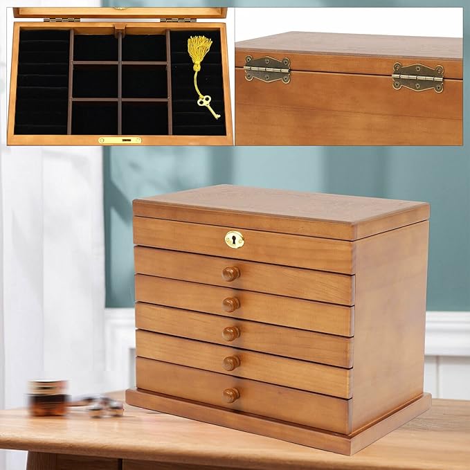 6-layer Jewelry Box Organizer with Lock and Mirror, Wooden Jewelry Boxes & Organizers,Jewelry Storage for Rings Earrings Necklaces Bracelets Christmas New Year Gifts