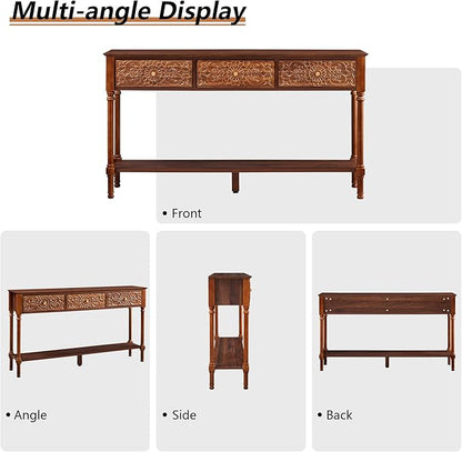 55.5" Carved Console Table with 3 Drawers, 2-Tier Sofa Table with Glossy Floral Surface and Solid Wood Legs, Mid-Century Modern Entryway Table for Living Room Hallway (Walnut)