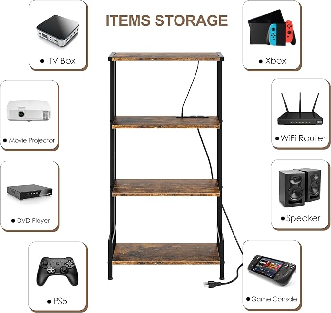 Arbuxzuy 4-Tier AV Media Stand with Power Outlet and LED Lights,Wooden Stereo Stand Cabinet,Game Console Shelf for Small Space,Audio Rack Stand Tower Ideal for Video DVD Players,Xbox