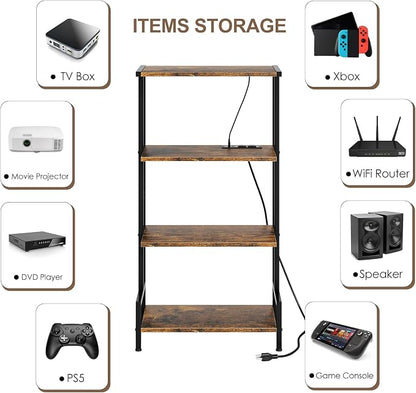 Arbuxzuy 4-Tier AV Media Stand with Power Outlet and LED Lights,Wooden Stereo Stand Cabinet,Game Console Shelf for Small Space,Audio Rack Stand Tower Ideal for Video DVD Players,Xbox