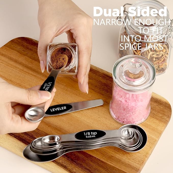 ChefAide Pack of 8 Stainless Steel Magnetic Measuring Spoons Set, Dual Sided, Stackable, Adjustable Teaspoon and Tablespoon Measure Spoon with Leveler, Kitchen Gadgets Set 5