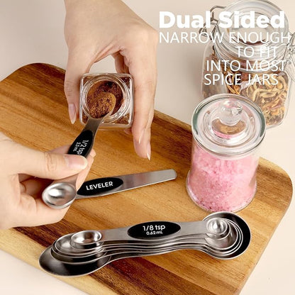 ChefAide Pack of 8 Stainless Steel Magnetic Measuring Spoons Set, Dual Sided, Stackable, Adjustable Teaspoon and Tablespoon Measure Spoon with Leveler, Kitchen Gadgets Set 5