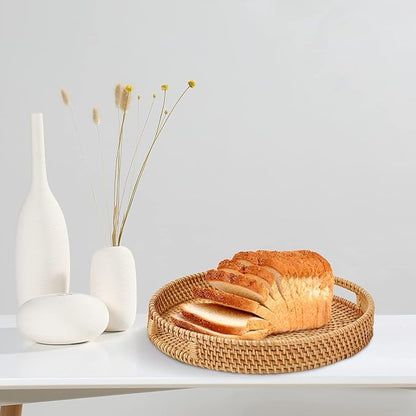 Whalehub Round Rattan Serving Tray with Handles, Hand Woven Basket, Home Decor Organizer Tray for Breakfast, Tea, Snack, Fruit, Coffee,Storage (Medium)(11.9inchX1.7inch)