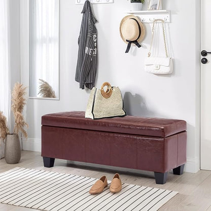 41" Storage Ottoman Bench, Faux Leather Storage Foot Rest with Safety Hinge, Load up to 660 lb Upholstered Tufted Entryway Bench with Seating for Living Room, Bedroom, Brown