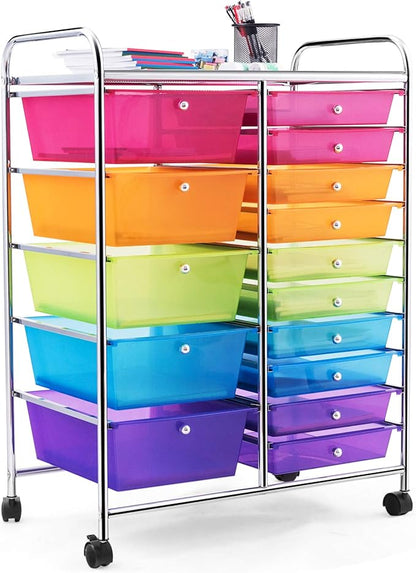 HAPPYGRILL 15-Drawer Rolling Cart, Storage Carts with Removable Drawers & Steel Frame, Utility Cart on Lockable Wheels for Home, School, Office,Colorful