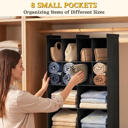 Ofiray-home 4 Tier Hanging Closet Organizer, 12 Compartments Sweater Organizer for Closet with 3 Sturdy Hooks, Closet Organizers and Storage, Wardrobe, Rv, Garment Rack, Black