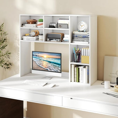 Desk Hutch, Desktop Shelf with 7 Shelves, Desk Bookshelf w/Anti-Toppling Devices, Wood Table Top Bookshelf Organizer, Small Desk Shelf for Study, Office, Dorm (White, 7 Shelves)