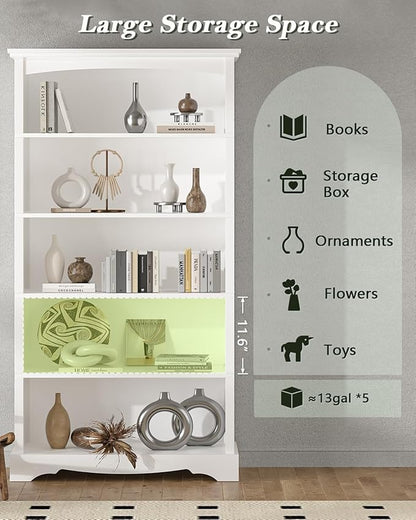 TVU 5-Tier Wooden Bookshelf, 65 Inch Tall Bookshelf with Storage, Floor Standing Modern Style Display Bookcase for Living Room, Office, Study Room, Entryway, White