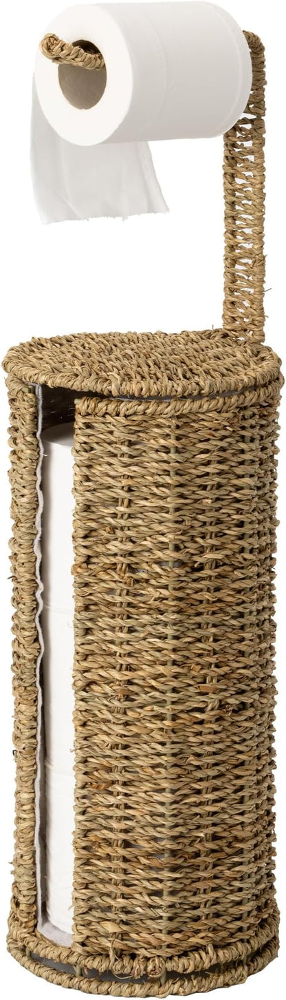 StorageWorks Wicker Seagrass Freestanding Toilet Paper Holder Stand with Storage, Farmhouse Covered Toilet Paper Stand for 4 Rolls with Cloth Lining, Tissue Holder for Bathroom Decor with Shelf