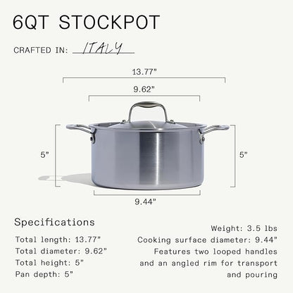 Made In Cookware - 6 Quart Stainless Steel Stock Pot With Lid - 5 Ply Stainless Clad - Professional Cookware - Crafted in Italy - Induction Compatible