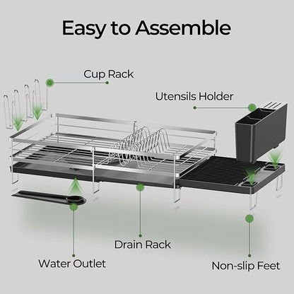 Large Dish Drying Rack, Expandable Dish Rack, Stainless Steel Anti-Rust Dish Racks for Kitchen Counter, Multifunctional Dish Drainer with Utensil Holder & Cup Holder, 13.4"-28.7" L x 11.8" W