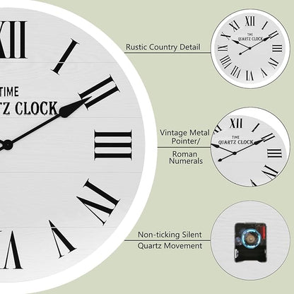 ARTPOWER Large Farmhouse Wall Clock, 35.5” Shiplap Wall Clock with Roman Numeral, Nearly Non-Ticking, Round Wall Clocks for Living Room Decor, Office, Bedroom, Entrance, White