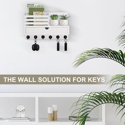 Key Holder Wall Mount, Mail Holder with Storage Drawer and 6 Key Hooks for Coat, Dog Leash, Home Decor Rack, House Accessories, Entry Way Organizer