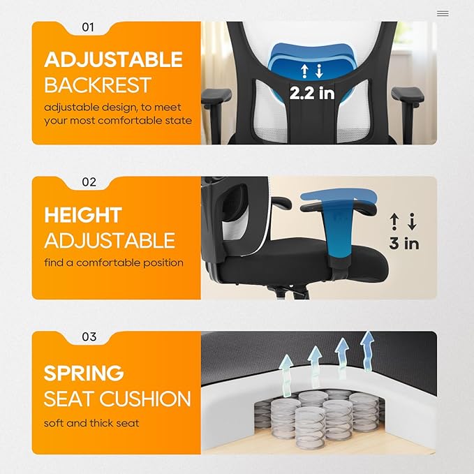 BestOffice Big & Tall Office Chair, 400 lb Capacity Mesh Desk Seating with Lumbar Support, Wide Seat, Adjustable Arms, Rolling Swivel High-Back Ergonomic Executive Task Model for Home Office, White