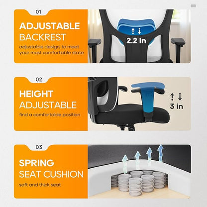 BestOffice Big & Tall Office Chair, 400 lb Capacity Mesh Desk Seating with Lumbar Support, Wide Seat, Adjustable Arms, Rolling Swivel High-Back Ergonomic Executive Task Model for Home Office, White