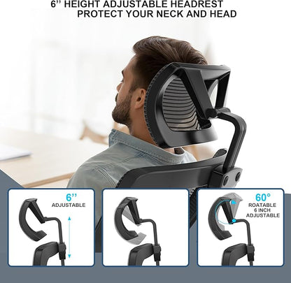 Ergonomic Office Desk Chair with Waterfall Seat and S-Shaped Back for Back and Leg Pressure Relief, Adjustable Headrest for Neck Support, Comfortable for 8+ Hours of Sitting