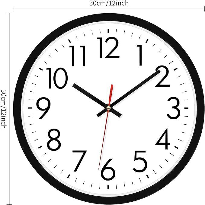 Lumuasky 2 Pack Black Wall Clock,12 Inch Silent Non Ticking Quartz Battery Operated Round Analog Classic Clock for Classroom School Office Living Room Bedroom Home