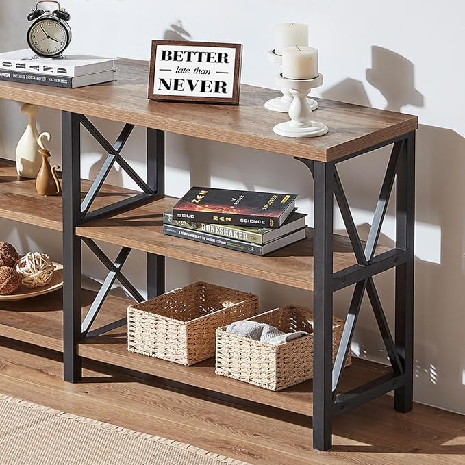 IBF Farmhouse Entryway Table, Rustic Long Console Table Behind Couch, Modern Metal Wooden Sofa Table with Storage Shelves, 3 Tier Foyer Hallway Table for Livingroom, Rustic Oak,63 in