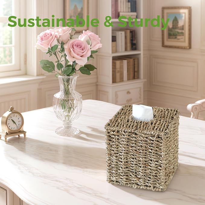 2 Pack Seagrass Tissue Box Cover, Wicker Tissue Box Holder Square, Hand Woven Cube Tissue Box Cover Tissue Holder for Bathroom Living Room Kitchen Office, Natural
