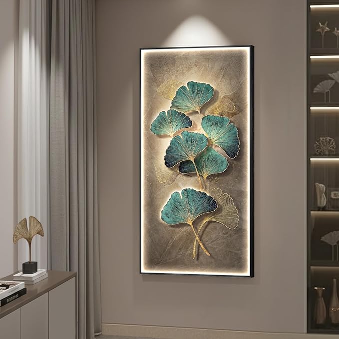 Framed Ginkgo LED Lighted Wall Art for Living Room, Large Vertical Modern Luxury Botanical Artwork for Walls, Remote Control Dimmable Backlit Wall Decor for Hallway, Entryway, Dining Room, Office