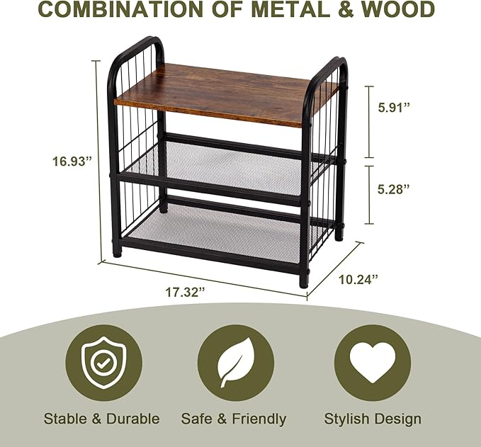 3-Tier Shoe Rack with Guardrails, Heavy-Duty Metal Mesh Shelves & Rustic Wooden Top - Space-Saving Organizer for Closet, Entryway, and Hallway (Holds 1-2 Pairs/Shelf)