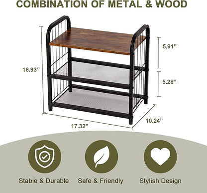 3-Tier Shoe Rack with Guardrails, Heavy-Duty Metal Mesh Shelves & Rustic Wooden Top - Space-Saving Organizer for Closet, Entryway, and Hallway (Holds 1-2 Pairs/Shelf)