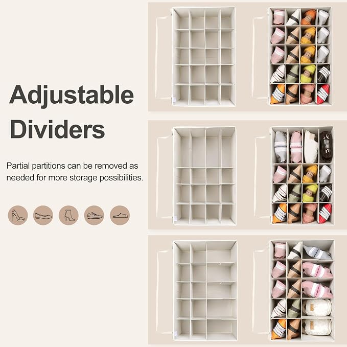 TOPIA HOME Shoe Organizer for Closet, Foldable Shoe Box with Adjustable Dividers and Clear Cover, Space Saving Shoe Storage Organizer Cabinet with Reinforced Handles, Fits 20 Pairs, Beige TP10Y