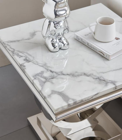 4 Piece Living Room Table Set Include 1 Faux Marble Coffee Table & 2 End Tables& 1 Console Table, Modern White Silver Coffee Table Set of 4 with Double O Shape Stainless Steel Pedestal Base