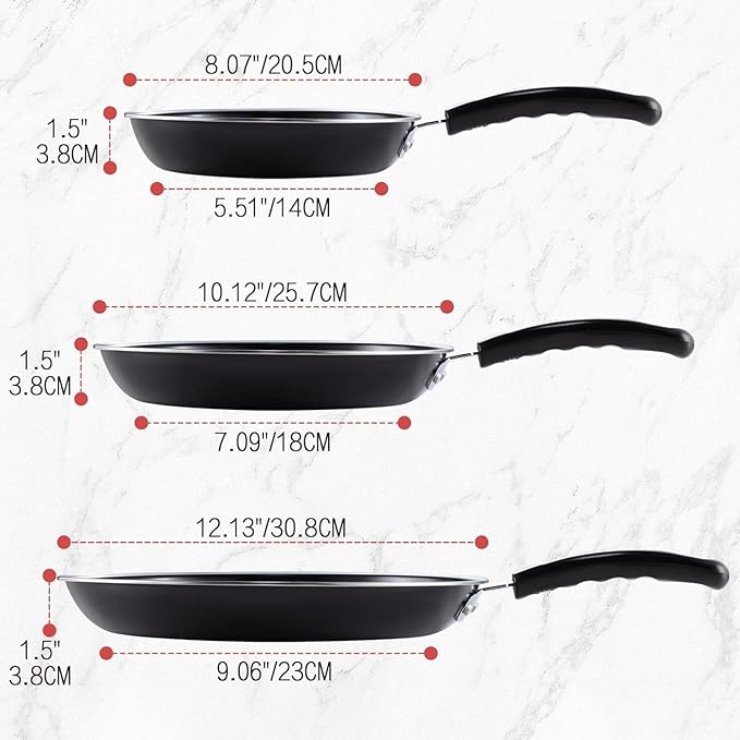 Nonstick Frying Pan Set - Iron Frying Pan 3-Piece Set (8", 10", 12") + 2 Silicone Spatulas, With Premium Nonstick Coating, Up to 450°F, Skillet Suitable for Induction, Gas & More