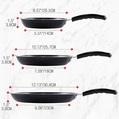 Nonstick Frying Pan Set - Iron Frying Pan 3-Piece Set (8", 10", 12") + 2 Silicone Spatulas, With Premium Nonstick Coating, Up to 450°F, Skillet Suitable for Induction, Gas & More