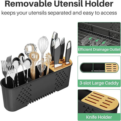 SNTD Large Dish Drying Rack - Expandable (19.3" to 29.4") Dish Rack for Kitchen Counter, Stainless Steel Dish Drainer with Utensil Holder, Pan Holder & Pot Lid Holder (Black)