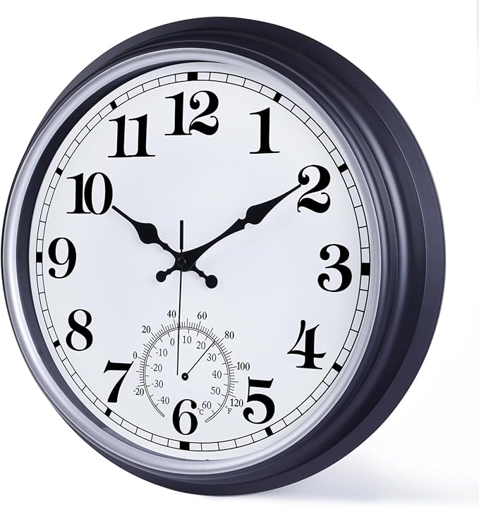 16 Inch Large Outdoor Clock, Retro Waterproof Indoor/Outdoor Clock Non-Ticking Clock with Thermometer, Battery Operated Wall Clock for Patio, Garden, Pool - Black