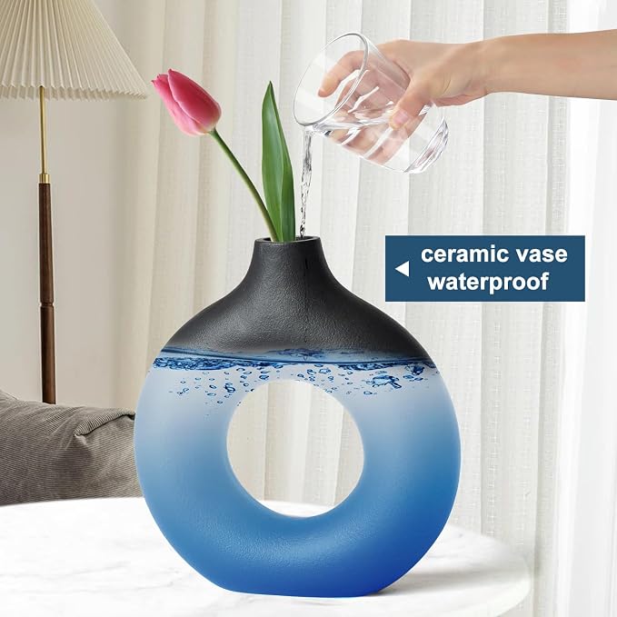Black Ceramic Donut Vase Set of 2, Big Hollow Round Matte Pampas Flower Vases for Boho Home Wedding Party Room Dinner Table Shelf Decor.