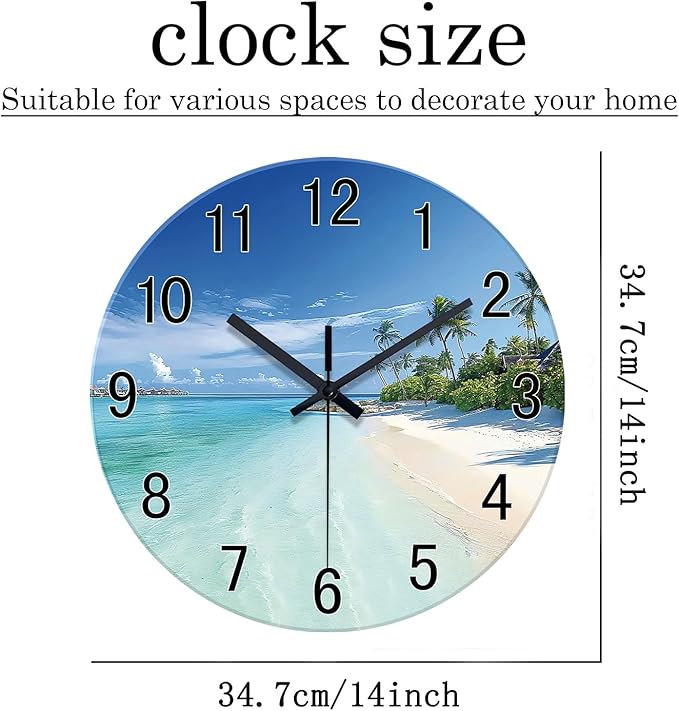 XFM Blue Beach Wall Clocks Battery Operated 14 Inch Round Glass Silent Wall Clock Coastal Nautical Wall Clocks for Living Room Bedroom Kitchen Decor