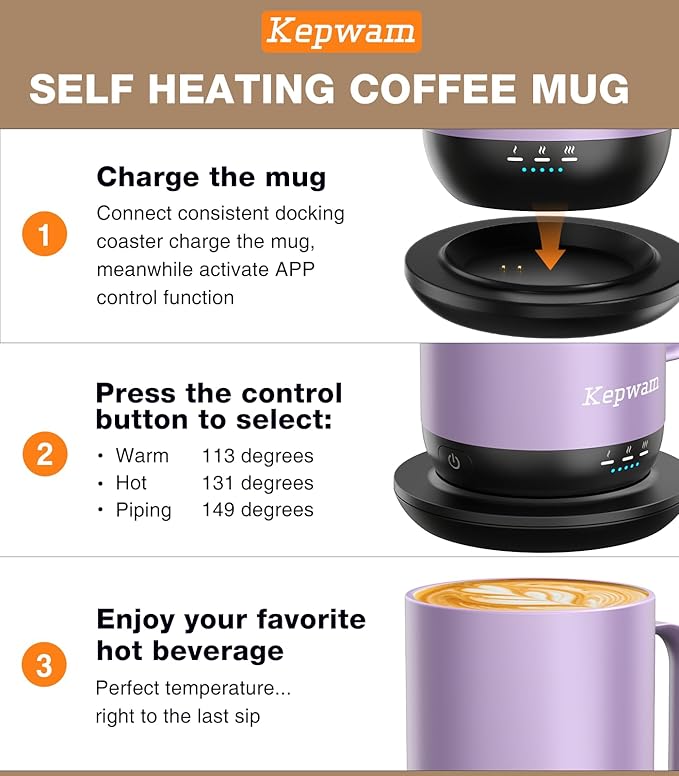 Kepwam Self-Heating Coffee Mug T1, 16oz Rechargeable Heated Coffee Mug, Smart Coffee Warmer Mug with App-Controlled,Advanced Temperature-Controlled Heating Coffee Gifts for Women Men Coffee Lover