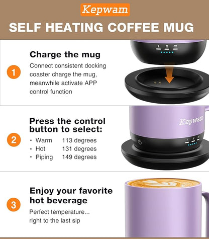 Kepwam Self-Heating Coffee Mug T1, 16oz Rechargeable Heated Coffee Mug, Smart Coffee Warmer Mug with App-Controlled,Advanced Temperature-Controlled Heating Coffee Gifts for Women Men Coffee Lover