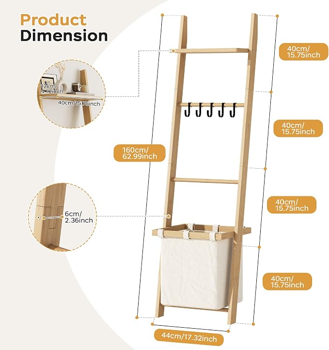 63" Bamboo Blanket Ladder with Shelf, Fabric Basket and 5 Hooks, 4 Tier Leaning Blanket Rack, Farmhouse Towel Ladder Rack, Decorative Quilt Rack Holder for Living Room Bedroom Bathroom, Natural Wood