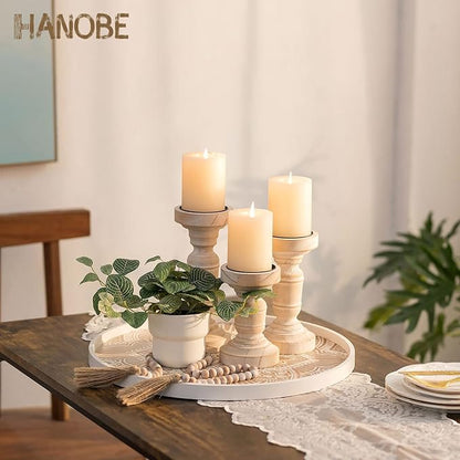 Hanobe Large Round Decorative Tray: Boho Coffee Table Trays Centerpiece for Home Decor - Farmhouse White Washed Rustic Serving for Women Kitchen Counter Ottoman