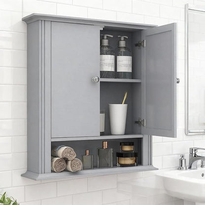Wall Mounted Bathroom Cabinet Wooden Storage Cabinet with 2 Doors & Adjustable Shelf, Hanging Wall Cabinet Over Toilet, Upper Cabinet Storage Cupboard forBathroom, Kitchen,Laundry Room, Light Grey